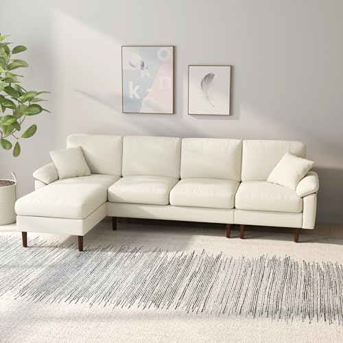 HOMCOM Changeable Sectional Sofa with Chaise Lounge, 111" Modern 4-Seater Couch with Pillows, Wooden Legs, L-Shape Corner Sofa for Living Room, Cream White