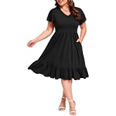 Women's Plus Size Casual Summer Dresses Floral Midi Dresses with Pockets | comfort and elastic fabric,v neck ruffle floral short sleeve,high-waisted A-line silhouette,casual midi dress for vacations