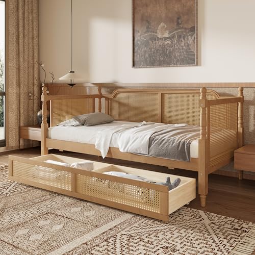 Merax Twin Size Wood Bedframe Daybed, Rattan Bed Frame with 2 Storage Drawers f…