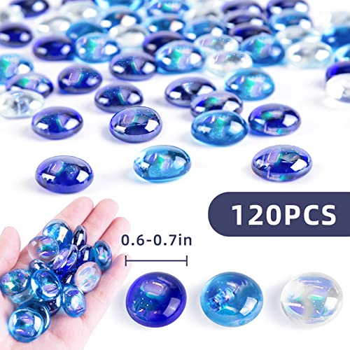 JOHOUSE 120PCS Flat Glass Marbles, Iridescent Glass Beads Dazzling Glass Pebbles Blue Mixed Aqarium Gems for Vase Filler Home Decor DIY Craft
