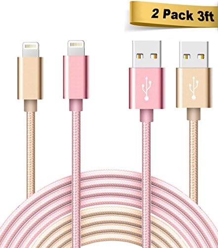 iPhone charger,Haibao 2 pack Nylon Braided Lightning USB Sync and Charging Cable for iPhone 8/8 Plus/7/7 Plus/6s/6s Plus/6/6 Plus/5/5S/5C/SE/iPad and iPod-Gold + Rose Gold (3 ft)