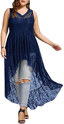 Wollsolo Plus Size Women's See Through Lace High Low Sleeveless Maxi Tank Dress