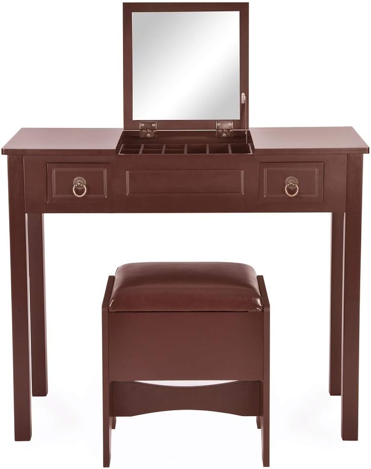 Vanity Table Makeup Set with Flip Top Mirror Study Writing Desk Dressing Table with 2 Drawers Cushioning Storage Stool Set, 3 Removable Organizers,Corner Decor in Brown