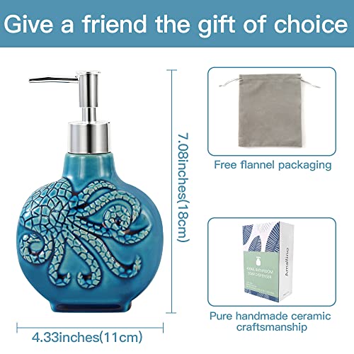 400ml Bathroom soap Dispenser ,Pump Bottle Ceramics Ice Crack Hand Soap Dispenser Lotion Bottle Bathroom Accessories Countertop Bathroom Soap Dispenser (Blue Octopus) (Blue Octopus)