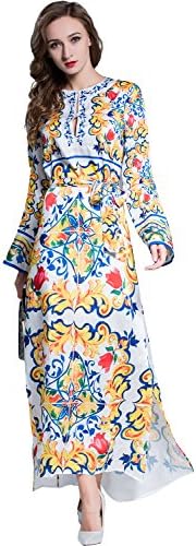 SEQINYY W1729 Fashion Print Collect Waist Belt O-Neck Long Sleeves Large Swing Women Loose Dress