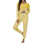 YAHESHION Womens Pajamas Sets Block Color V Neck Long Sleeve Tops with Striped Pullover and Casual Long Pants with Pockets