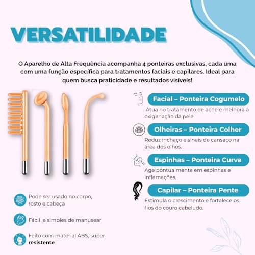 Aparelho de Alta Frequência Portátil Bivolt (110v/220v) com 4 Eletrodos – Facial e Capilar – Estética Profissional para Tratamentos de Pele e Cabelos