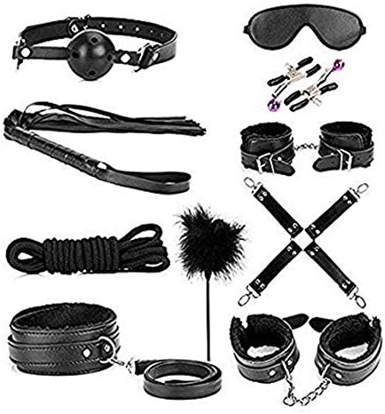 FourPlusOne 10 Pcs Bed Restraints Set - Includes Satin Blindfold, Velvet Draw String Bag And Feather Whip - Straps Adjustable Durable Exercise Bands, Black