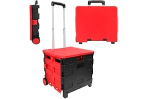 Berry 40KG Foldable Shopping Trolley, Plastic Trolley Cart with 2 Wheels and Lid, Portable Cart with Telescopic Handle, Multi