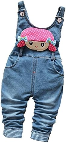 EFZQ Children Girls Clothing Cute Cartoon Girl Blue Denim Rompers Pants XL 100-110CM(advise 24-36Months)