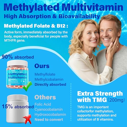 Methylated Multivitamin for Women & Men Gummies w/ Omega-3, Calcium, D3 K2, Methylfolate & B12, TMG, Daily Vitamins, Mag, CoQ10, Probiotic for 18 30 40 50 60 70+, Overall Health - Vegan, Sugar Free