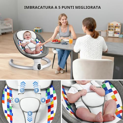 Ixdregan APP Operation Baby Bouncer, 5-Point Harness Improved Electric Baby Swing with 3 Timers, 5 Speed Swing, 10 Musics, Baby Bouncer, Bluetooth Soft Padded 0-9 kg