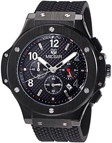 Men Black Chronograph Quartz Wrist Watch with Black Face and Silicone Strap