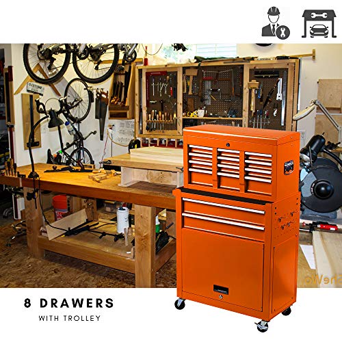Big Tool Box,Rolling Tool Chest with Sliding Drawers,2 in 1 Tool Cabinet with 4 Swivel Wheels (2Pcs with Brake),Cold Rolled Steel,Orange - Thumbnail 5