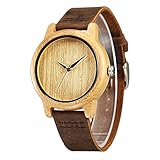 CUCOL Men's Bamboo Wooden Watches Minimalism Brown Cowhide Leather Strap Japanese Quartz Movement for Groomsmen Anniversary with Gift Box