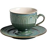 WAIT FLY Vintage Embossed Ceramic Coffee Mug with Saucer Set, Espresso Cup, Tea Cup, Breakfast Cup and Dessert Plate-Green-8 OZ