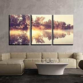 3 Piece Canvas Wall Art - Unusual River Fog in Summer Season - Modern Home Art Stretched and Framed Ready to Hang - 16"x24"x3 Panels