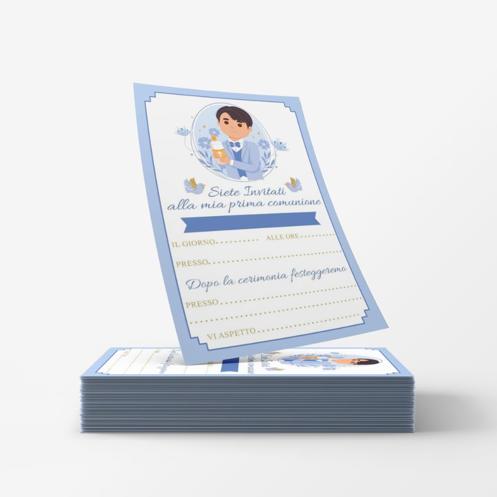 PRINTSERVIS 20 First Communion Party Invitation Cards, Choice Graphics, Customizable with Name, Date and Place (Bimbo Cappelli Mori)
