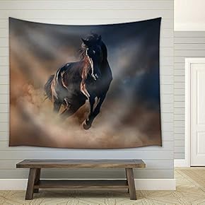 Beautiful Black Stallion Run in Desert Dust Against Sunset Sky - Fabric Wall Tapestry Home Decor - 51x60 inches