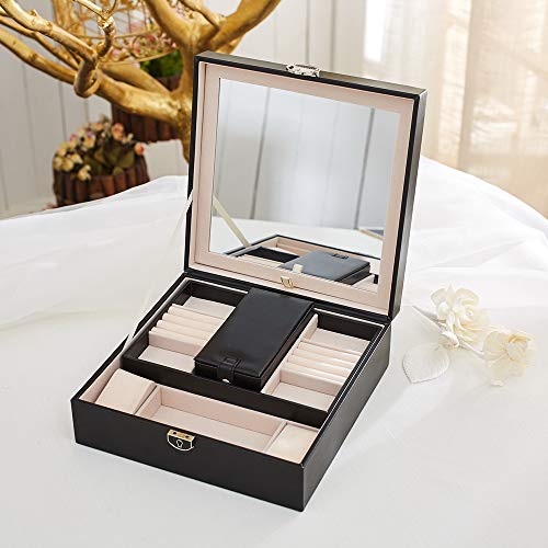 VEEKALA Two Layer PU Leather Large Jewelry Holder Display Storage Case with Lock