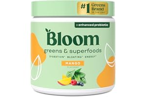 Bloom Nutrition Superfood Greens Powder, Digestive Enzymes with Probiotics and Prebiotics, Gut Health, Bloating Relief for Women, Chlorella, Green Juice Mix with Beet Root Powder, 30 SVG, Mango