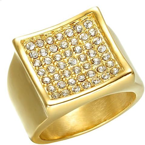 Hip Hop Iced out Square Gold Tone Cz AAA Micro Pave Rapper Pinky Bling Sz 9