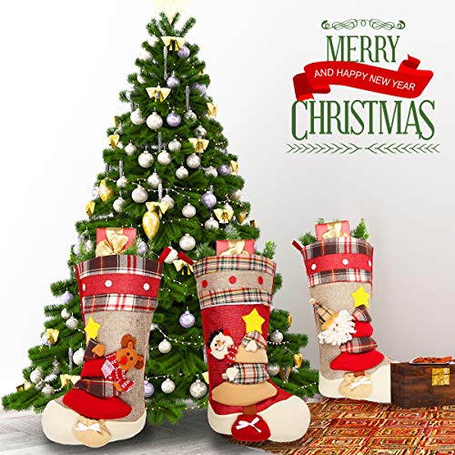 Aiduy Christmas Stockings, 3 Pack 18" Large Size Xmas Stockings Decorations with 3D Santa Snowman Reindeer Fireplace Hanging Stockings for Family Holiday Season Decor and Party Accessories