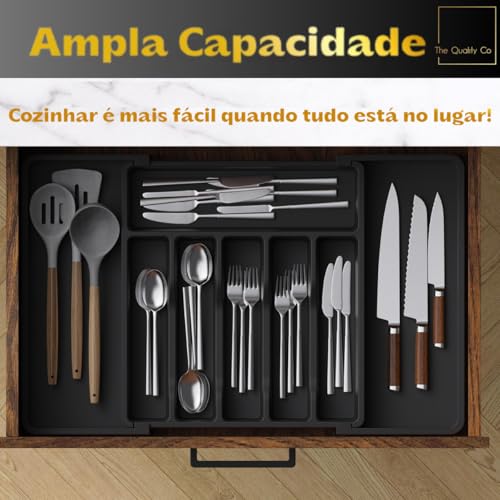 Porta Talheres Organizador Gaveta Ajustável com 8 Divisórias Preto Bandeja Grande Divisor Versátil para Cozinha Ideal Talher Utensílios Facas Suporte Separador Plástico Resistente.