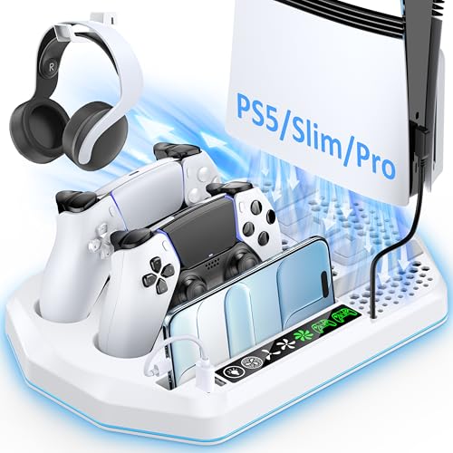 Cooling Station with Controller Charger for PS5/Slim/Pro, PlayStation 5 Vertical Stand for Disc & Digital Console, Dual PS 5 Controller Charging Station with 3 Level Cooling Fan, PS5 Accessory Kit