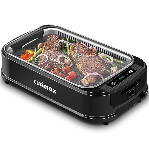 CUSIMAX Electric Grill, Indoor Smokeless Grill with LED Smart Display, Glass Lid, 1500W Family Grill with Non-Stick Plate, Variable Temperature Control, Health grill with Drip Tray, Dishwasher Safe