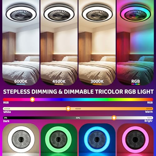 WUTGHUI RGB Ceiling Fan with Light - APP & Remote Dual Control, 20 Inch Low Profile Ceiling Fan 6 Speeds 3000-6000K Dimmable for Bedroom