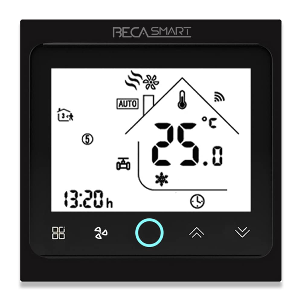 BecaSmart Series 002 Touch Screen Room Thermostat Four Pipe for Air Conditioning Fan Coil with WiFi Connection for Support Intelligent Voice (Four Pipe,Full Black(WiFi))