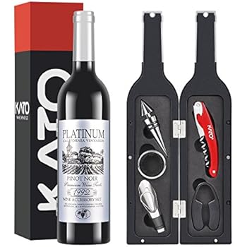 Kato Wine Accessories Gift Set - Wine Bottle Corkscrew Opener Kit, Stopper, Aerator Pourer, Foil Cutter, Drip Ring with Free Drink Stickers, Great Mother's Day Gifts, Silver