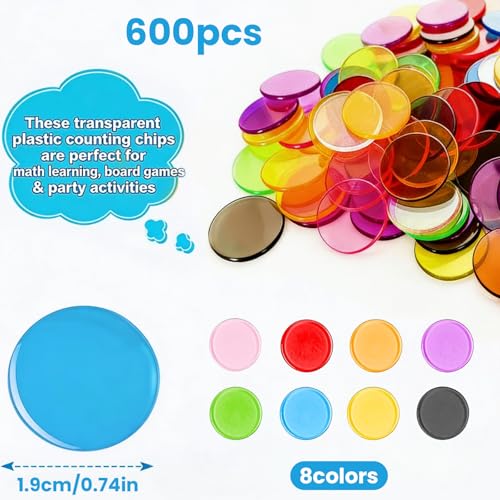 xolaer 600 PCS Transparent Jeton de Bingo ø 19 mm, Jetons Loto de Plastique, Marqueur Bingo Colorém Jeu Éducatif pour Enfants pour Apprendre à Compter et Classer, pour Fêtes Familles Jeux Ecoles etc