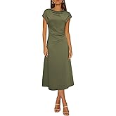 Happy Sailed Women's Spring Summer Short Sleeve Cowl Neck Ruched Waist Flowy A Line Midi Dresses Party Cocktail Dress