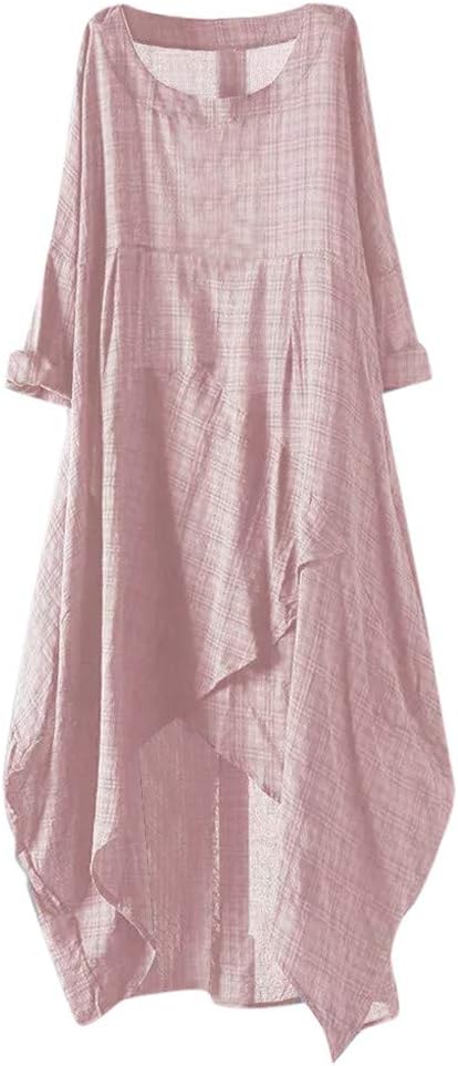 Women Maxi Dress Vintage Cotton Soft Casual Loose Flare Plaid Irregular Long Hem