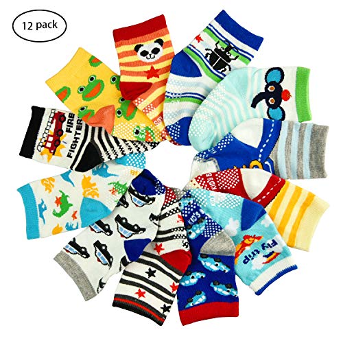 12 Pairs Toddler Boy Girl Socks Lovely Assorted Cartoon Kids Socks Non Skid Slipper Socks Grips 12-36 Months Baby