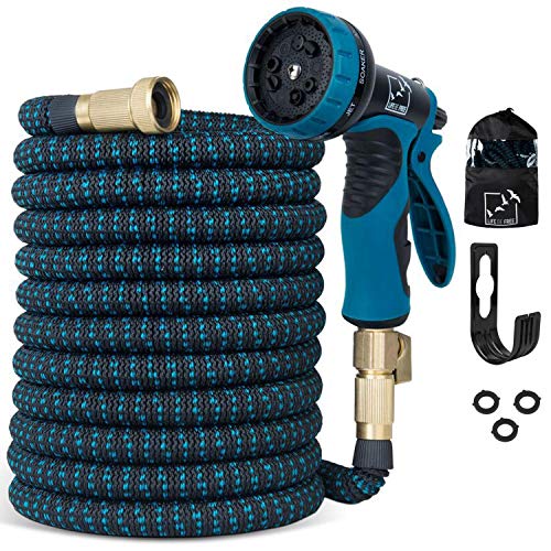 100 Ft Expandable Garden Hose, Upgraded Extra Strength No-Kink, Lightweight Durable Flexible Expanding Water Hose Pipe, 9 Function Spray Nozzle, 3/4 Solid Brass Connectors, Holder, Storage Bag
