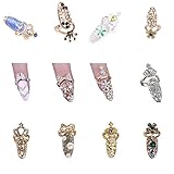 Shuning 12pcs Art Charms Women's Bow Crown Flower Retro Fashion Protecting Joint Knuckle Decoration Finger Tip Nail Rhinestone Rings