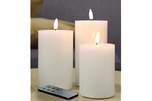 Eywamage White Flat Top Flameless Pillar Candles with Remote, Flickering Real Wax LED Battery Candles Φ 3" H 4" 5" 6"