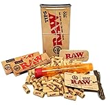 Bundle - 5 Items - RAW Rolling Papers 1 1/4 (2 Packs = 100 Leaves) Raw PRE-ROLLED Tips (100 Tips) with Raw Storage Tin, RAW Hemp Wick and Rolling Paper Depot Doob Tube