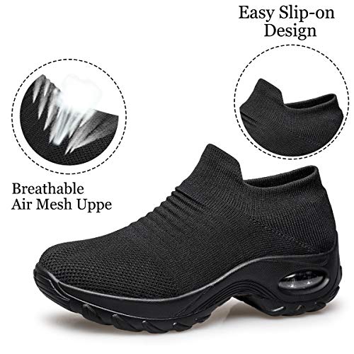 YHOON Women's Walking Shoes - Sock Sneakers Slip on Mesh Platform Air Cushion Athletic Shoes Work Nurse Comfortable Black 8