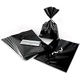 FAZHBARY 100 PCS Black Cellophane Treat Bags 6x9 Colored Goodie Candy Bags with Twist Ties for Birthday Wedding Holidays Party Supplies