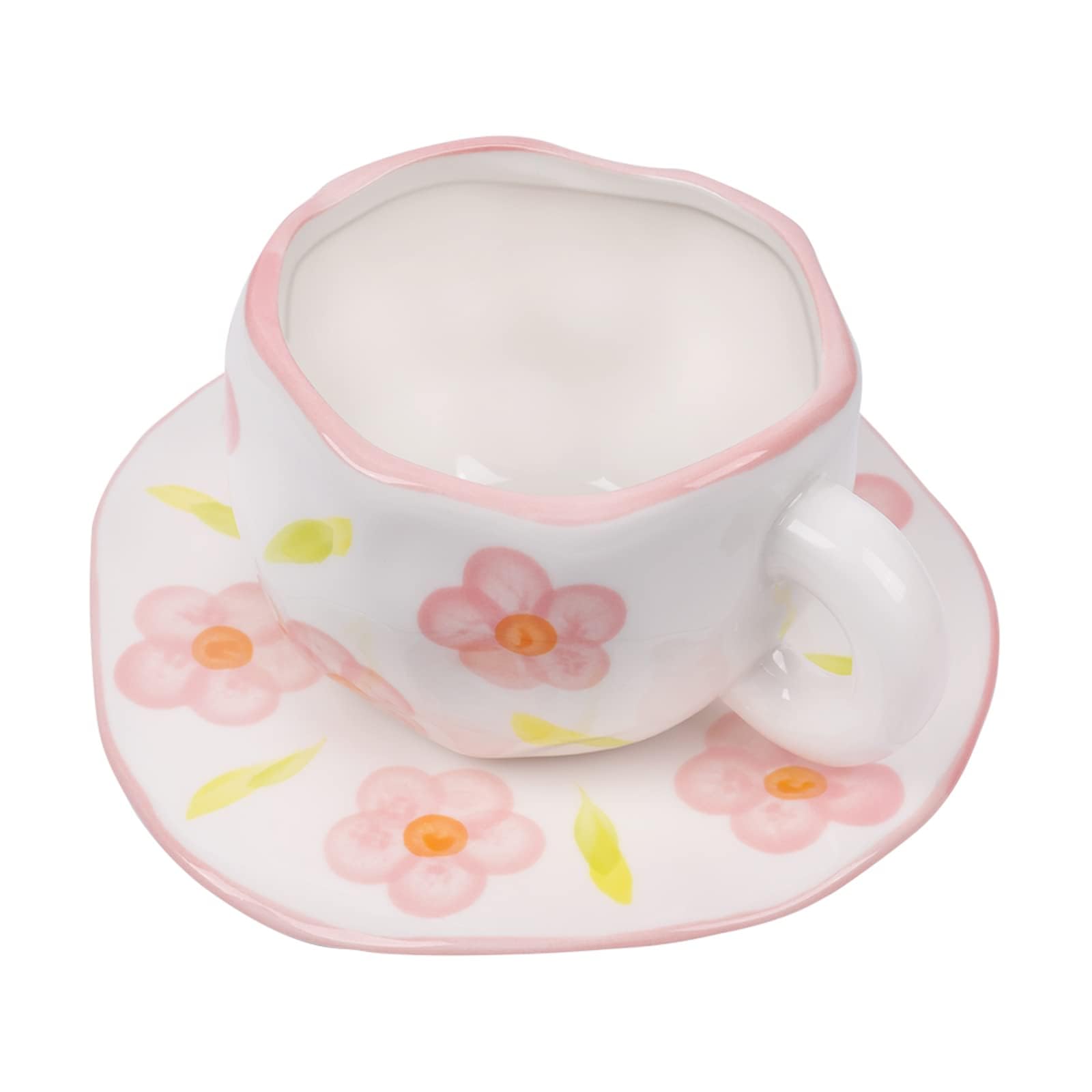 Koythin Ceramic Coffee Mug, Cute Pink Flowers Cup with Saucer for Office and Home, Dishwasher and Microwave Safe, 10 oz/300 ml for Latte Tea Milk (Pink Flowers)