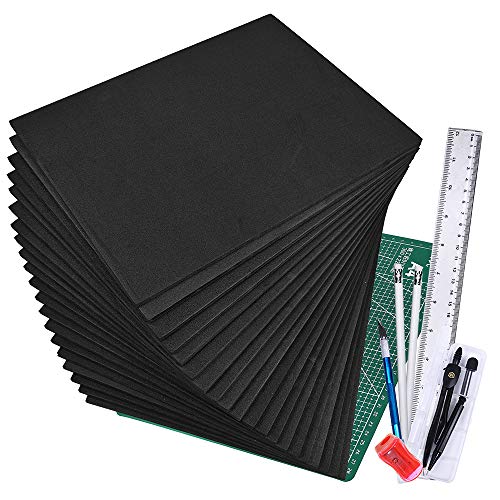 Winlyn 20 Pcs EVA Foam Sheets 6mm Craft Foam Cosplay Foam 9" x 12" Black Foam Boards with Cutting Mat Compass Hobby Knife Ruler Pencils for Cosplay Boy Scouts Halloween Crafts Projects Cushion