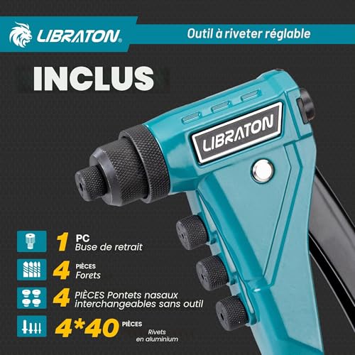 LIBRATON Heavy Duty Rivet Pliers, Pop Rivet Pliers, Professional Manual Riveter Riveting Tool with 160 Rivets, Includes 4 Tips, 4 Interchangeable Nozzles Without Tools, for Repair