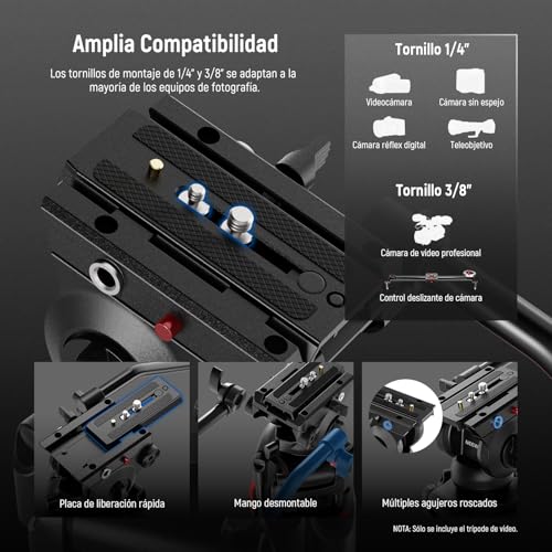 NEEWER 74" Trípode Vídeo Básico con Cabezal Fluido, Trípode Cámara Metal con Amortiguación Suave, Esparcidor Nivel Medio, Placa Liberación Rápida Compatible con 501, Carga Máx 17,6lb, TP37