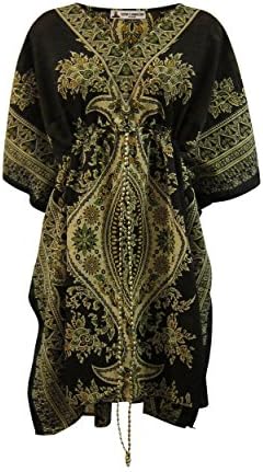 Women's Kaftan Short Drawstring Ethnic Dress Boho Hippie Swim Suit Cover Up - Fair Trade (Dark Brown)