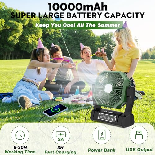 Multper Camping Fan with LED Light, Rechargeable for Outdoor Camping Tent with Hook and Remote, Powerful 4 Speed USB Desk Fan for Fishing, Power Outage, Picnic