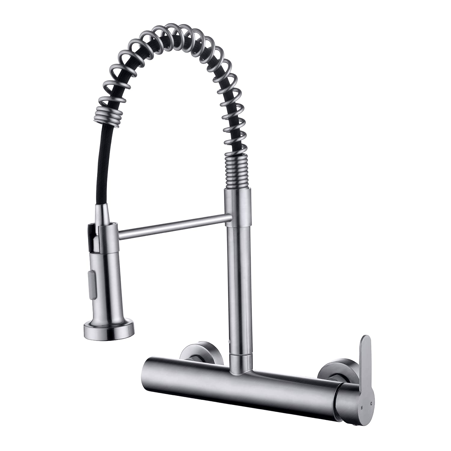 Photo 1 of FLWUEUE Wall Mount Faucet 8 Inches Center, with Pull Down Sprayer, High Arc Single Handle Spring Kitchen Sink Faucet, Grifos De Cocina, Brushed Nickel